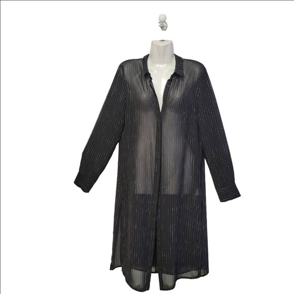 DKNY Black Pinstripe Tunic Long Thin Sheer Cardigan Coat Cover Up - Picture 1 of 3